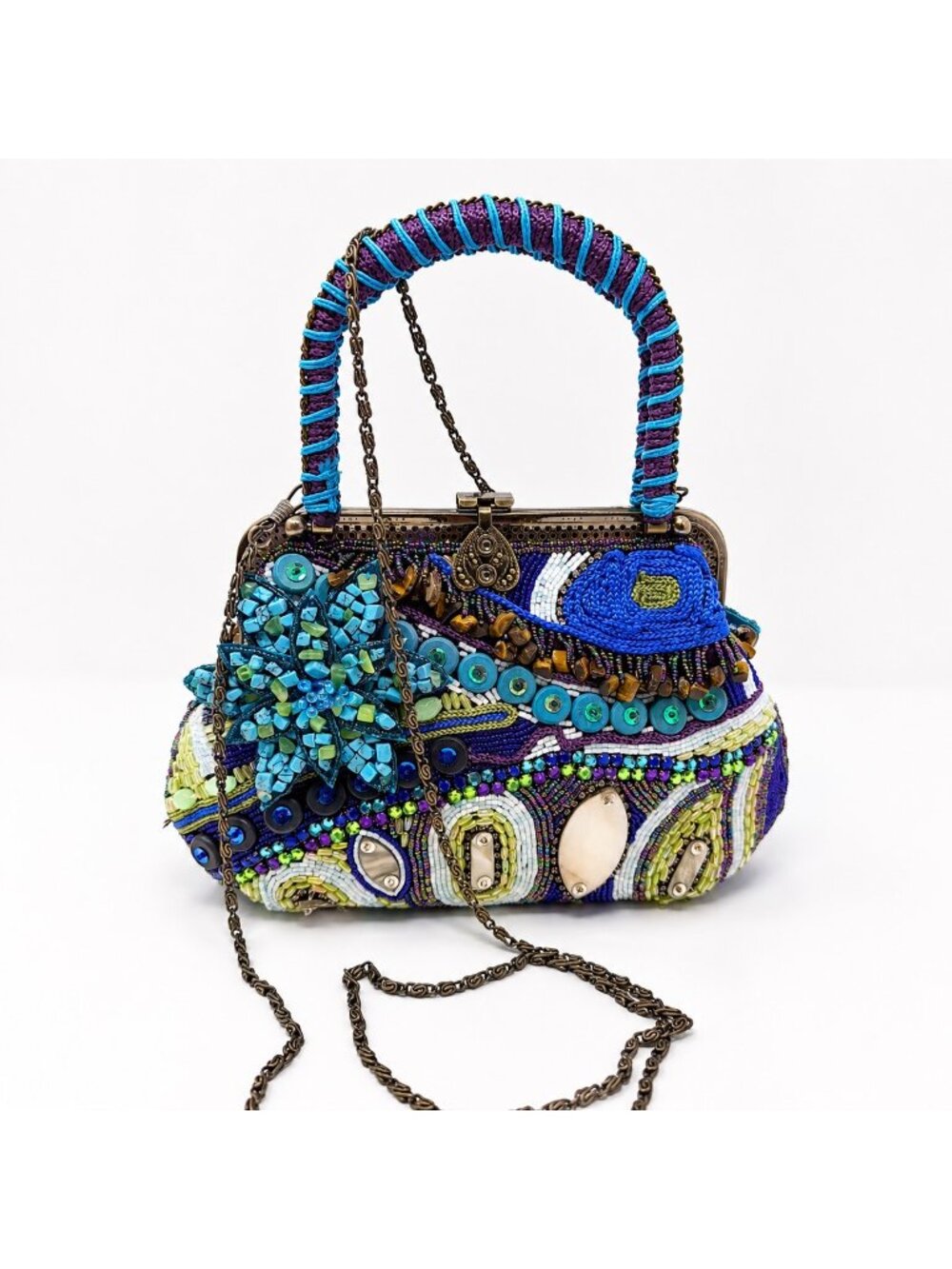 Chico's Beaded Evening Bag Blue Purple Floral Embellished Top Handle Purse - Picture 3 of 16
